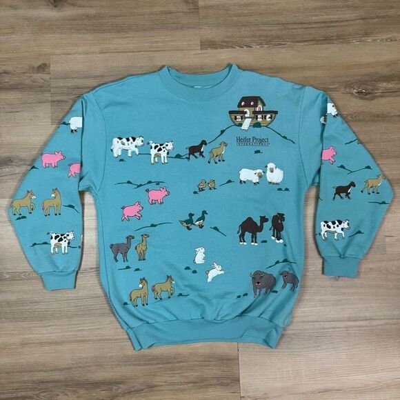 Vintage Heifer Project Size L Noahs Ark Animals Crewneck Sweatshirt Blue 90s - Picture 1 of 5
